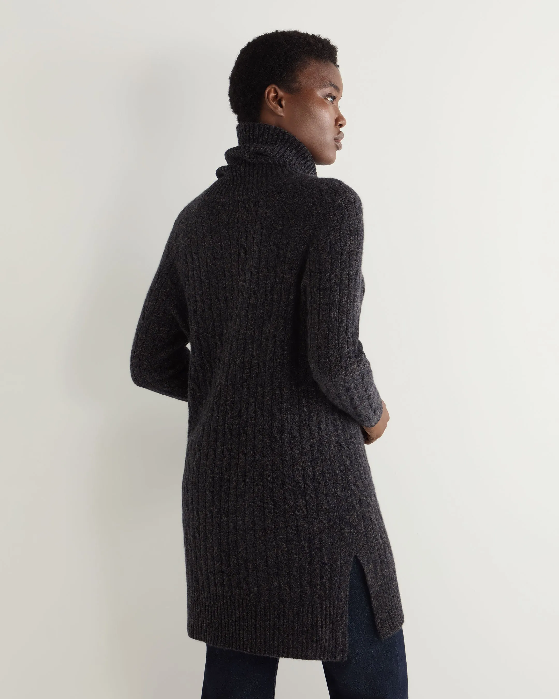 Women's Turtle Neck Cable Cashmere Tunic Granite Grey