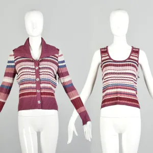 XXS 2000s St.John Twinset Horizontal Stripe Cardigan Sleeveless Tank Top  Set