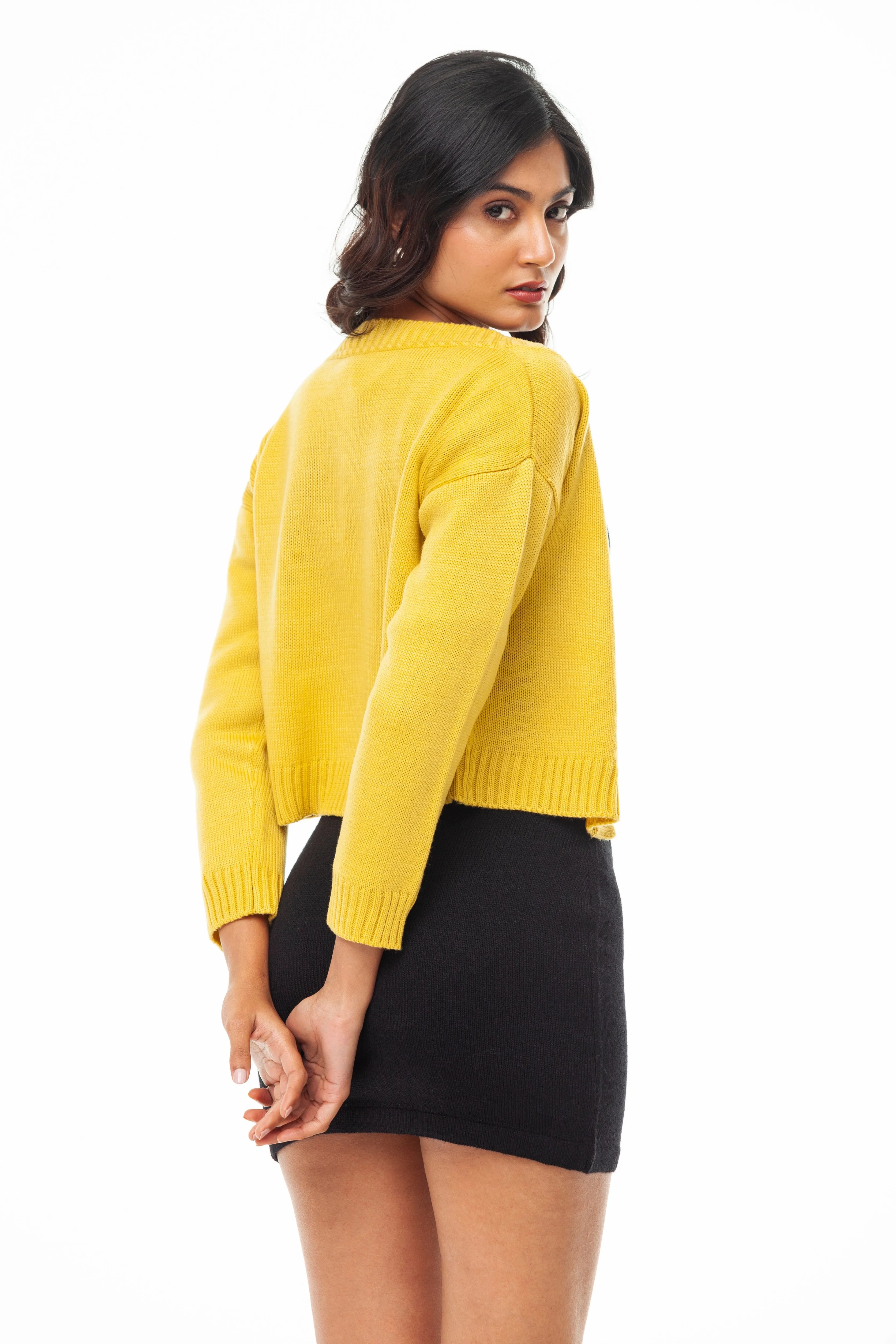 YELLOW  SINGLE JERSEY V NECK CARDIGAN