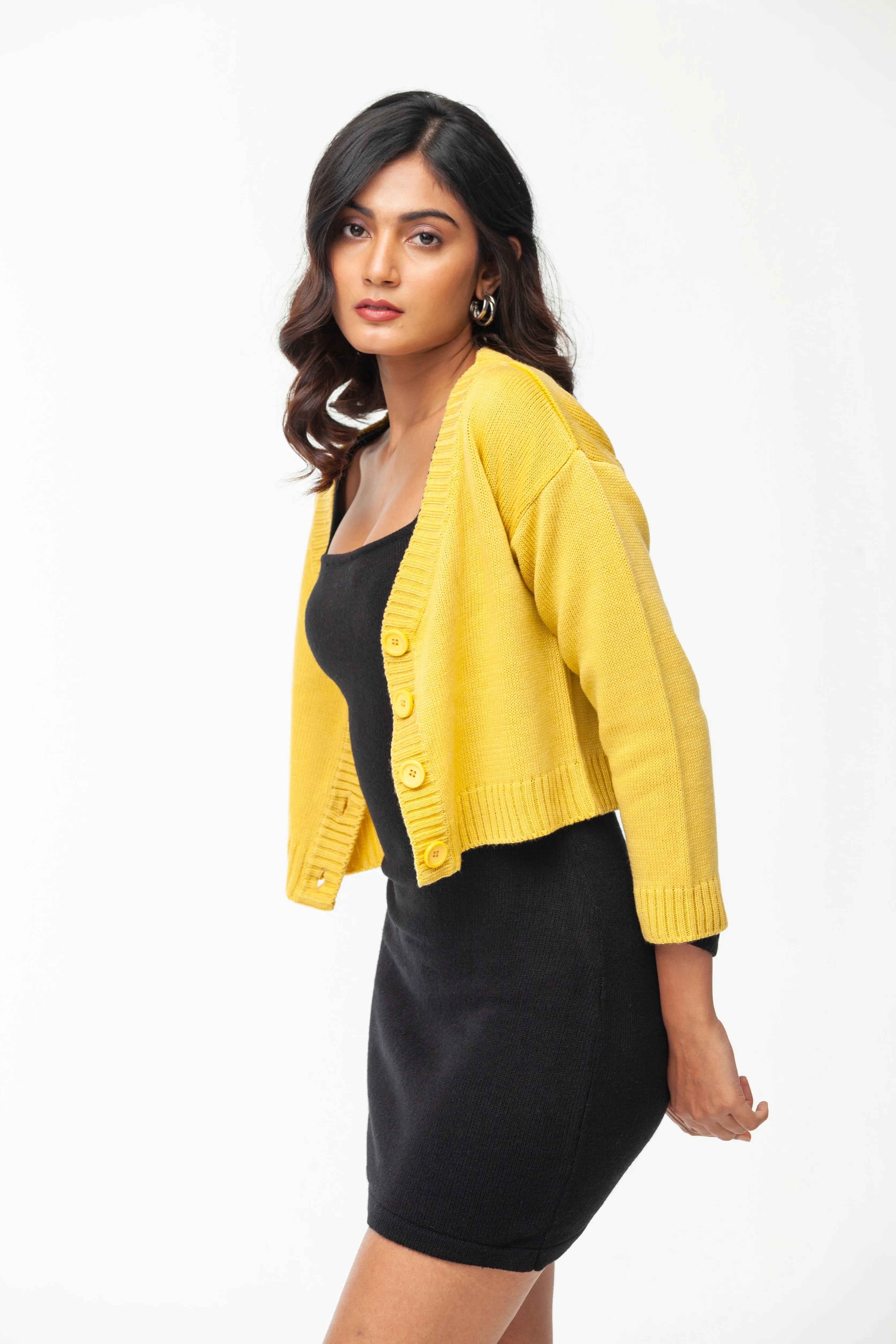 YELLOW  SINGLE JERSEY V NECK CARDIGAN