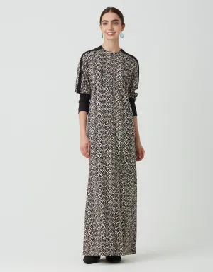 Zip Front Maxi Dress Shabbos Robe with Contrast Sleeve Trim Ivory Green Multi